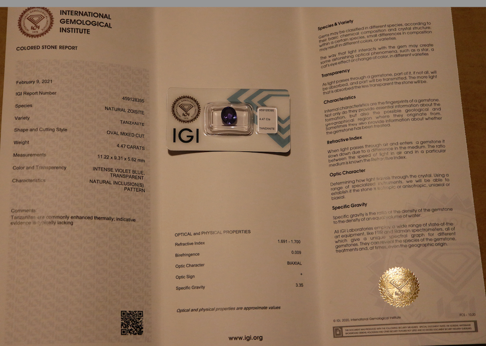 Certified 4.47ct Tanzanite with 6 diamonds/ 14KWG ring/ Size 7
