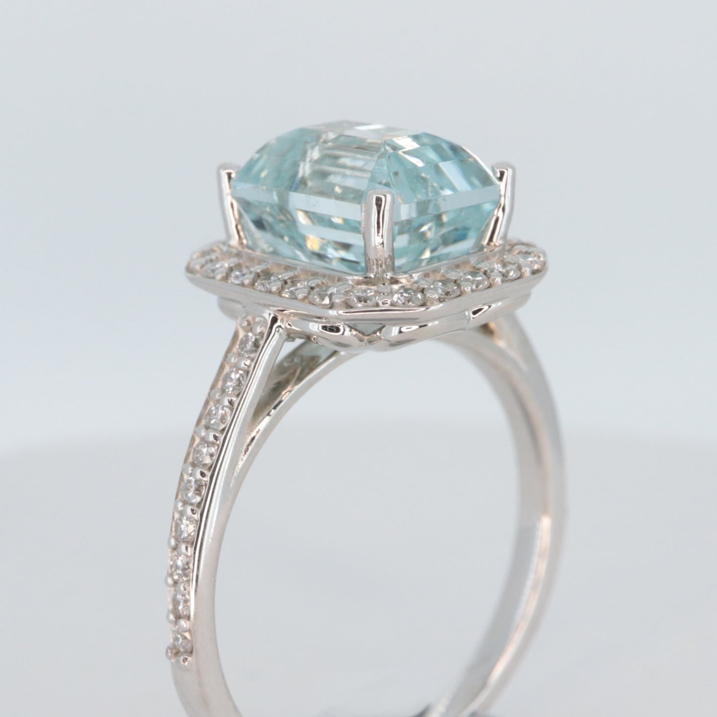 Aquamarine with diamond halo  14K White Gold Ring